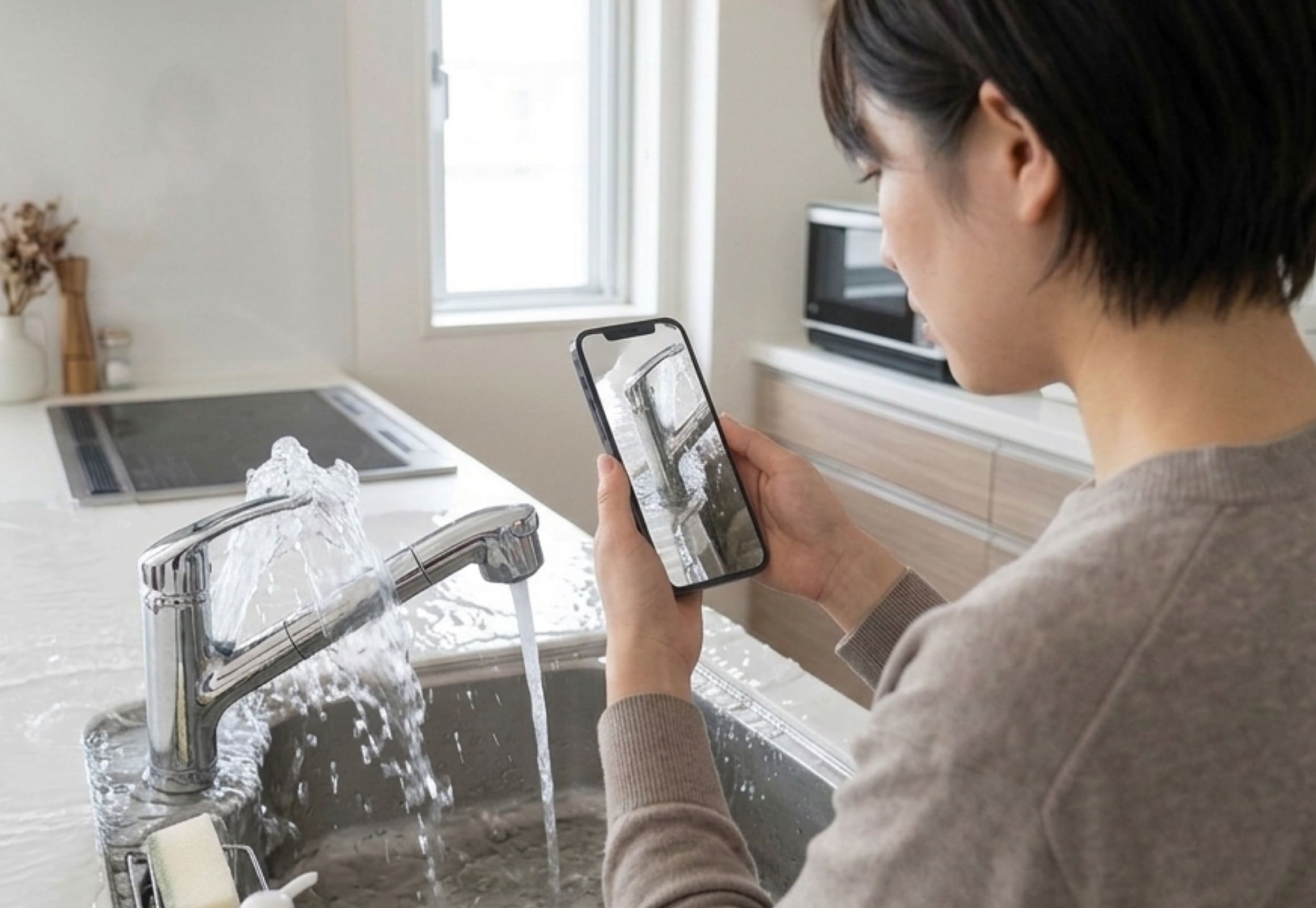 水トラブルの入居者がビデオ通話しているイメージ