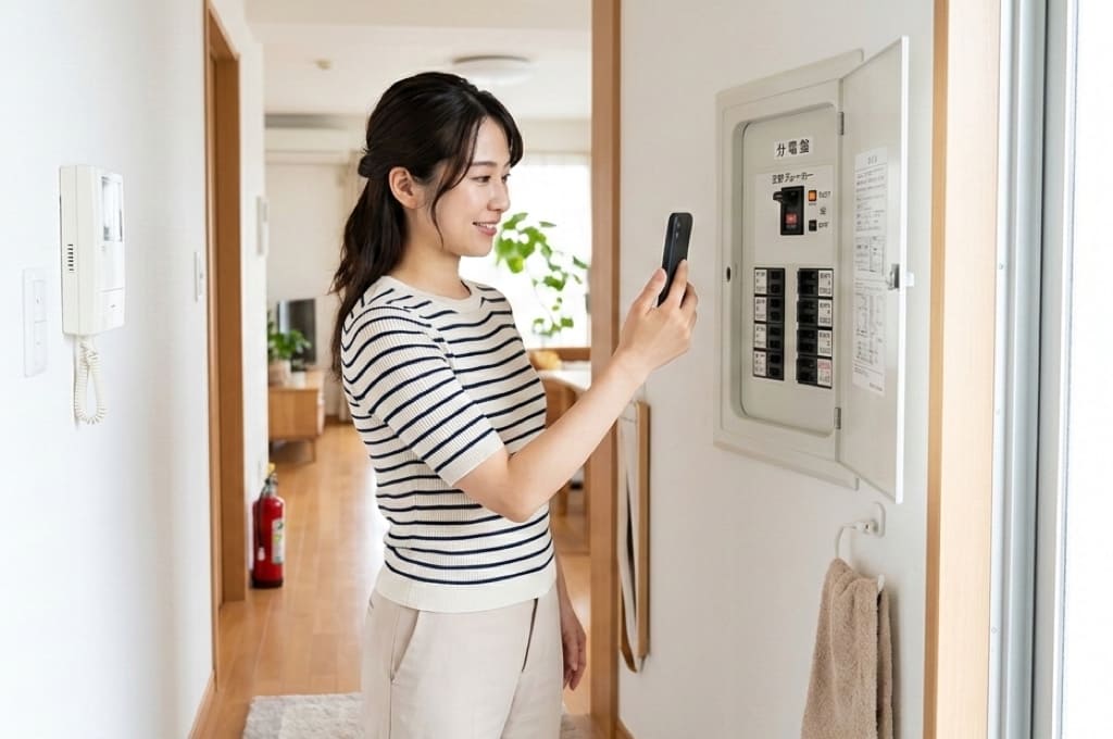 分電盤のスイッチ状態をスマートフォンで映して確認している