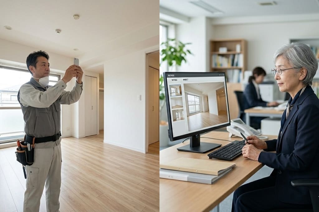 補修箇所を映しながら管理会社へ修繕完了を報告している