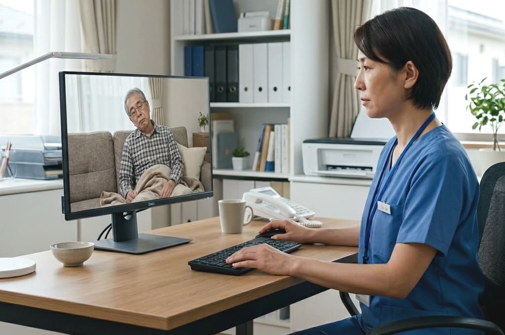 家族が本人の様子を映し、看護師が状態確認している