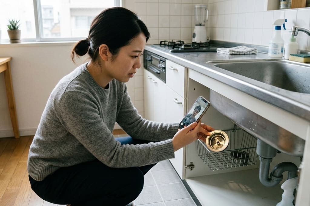 排水口や換気まわりを映しながら異臭の原因を確認している