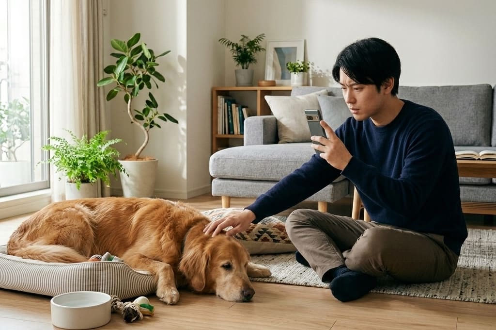 飼い主がペットの様子を映し、獣医師が状態確認している