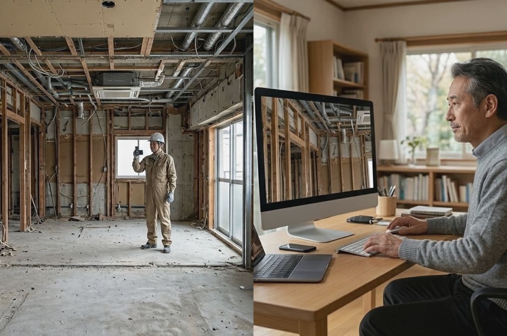 リフォーム中の室内を映しながら家主に進捗確認している