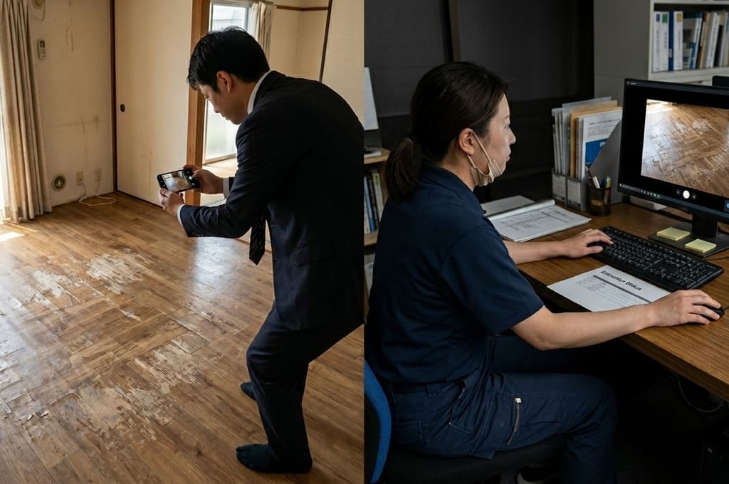 壁や床の傷を映しながら原状回復の範囲を確認している