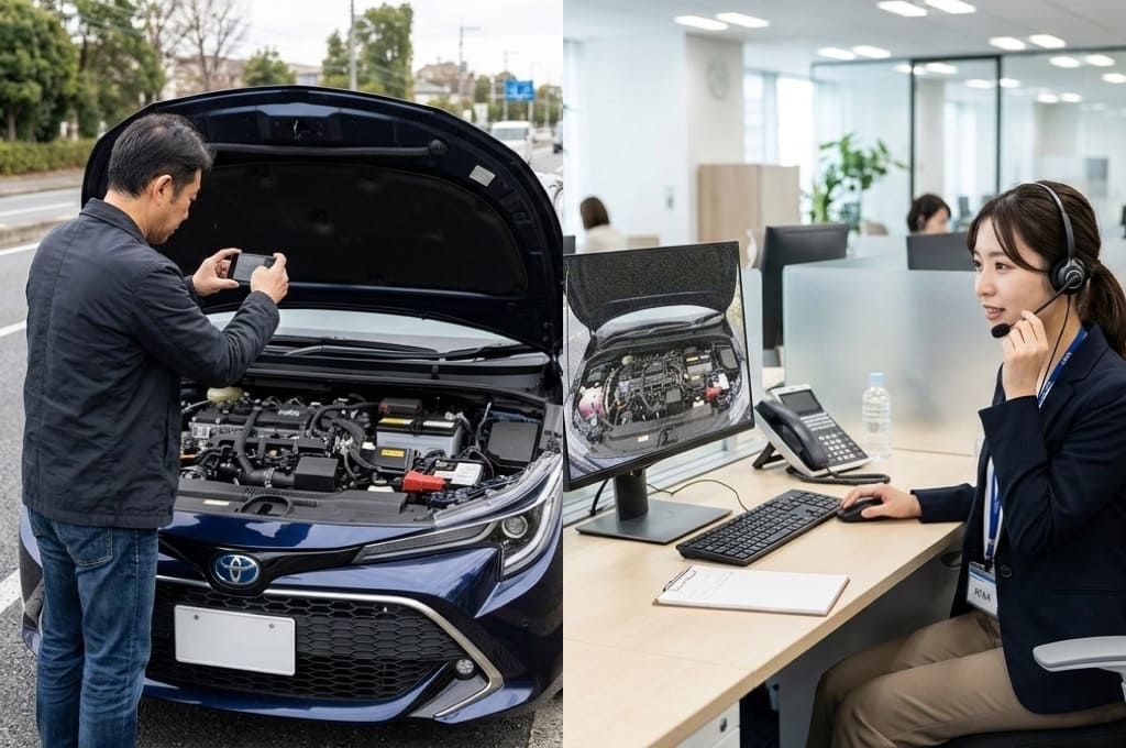 車両の損傷やトラブル箇所を映しながら状況確認している