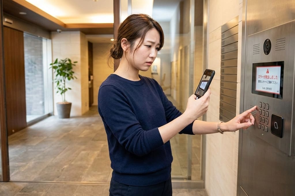 インターホンやオートロックの表示を映して不具合を確認している