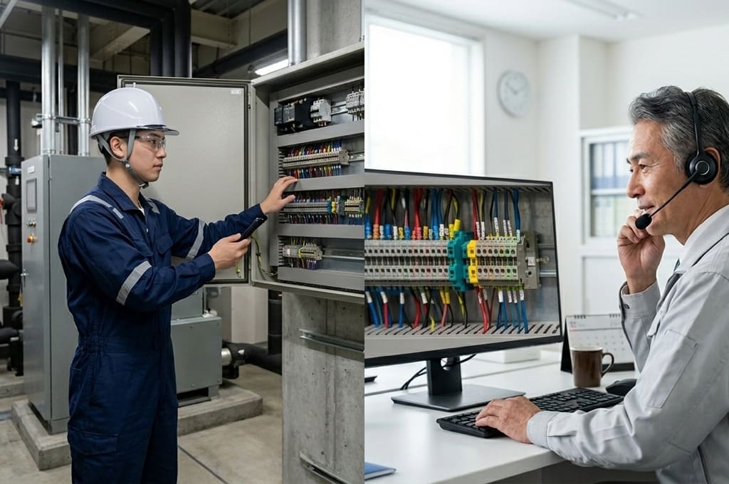 新人スタッフの作業映像を見ながらベテランが支援している