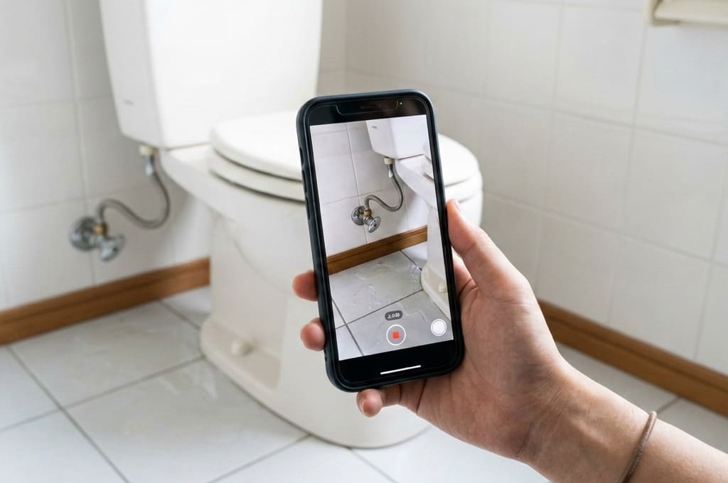 便器まわりや止水栓を映しながらトイレ不具合を確認している