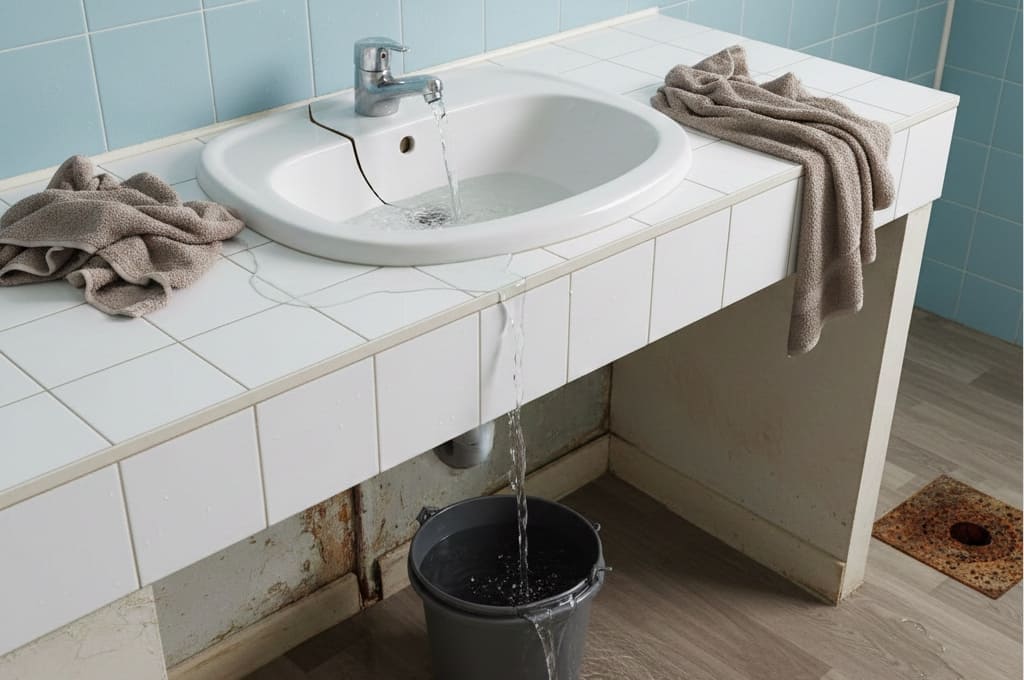 洗面台が壊れて水が漏れているイメージ